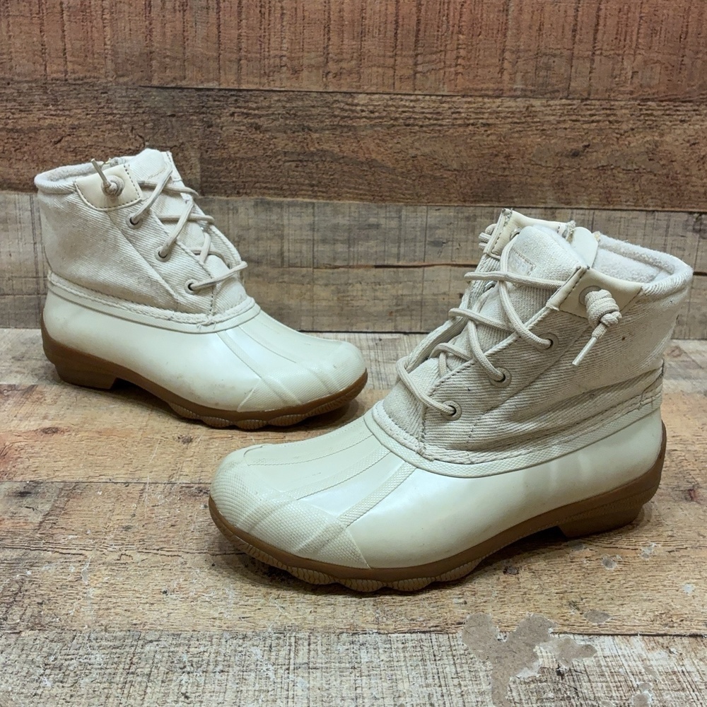 Sperry Rain Boots Womens Size 5 35 Beige Canvas Ankle Zip Waterproof STS86758